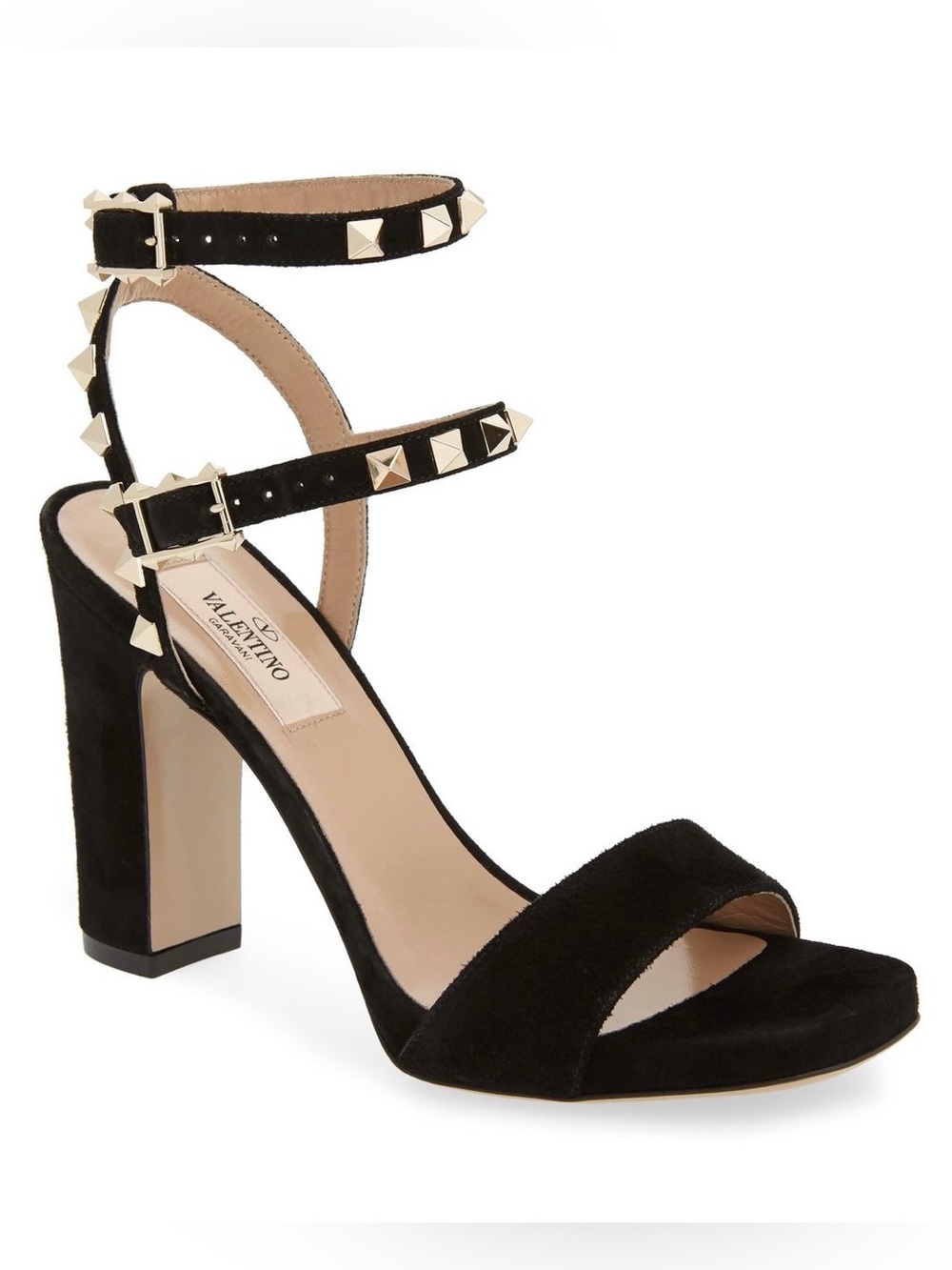 Valentino Rockstud black suede double ankle strap block heel sandal 36.5